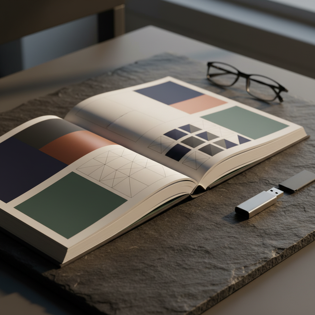 A high-end brand guideline booklet lies open on a textured dark slate surface, its thick, matte pages showing carefully arranged color blocks, grid systems, and abstract icon shapes with no legible text. Next to it, a brushed metal USB drive and a pair of minimalist black-framed glasses rest precisely aligned, suggesting meticulous brand management. Soft, directional lighting from the upper left creates elegant highlights along page edges and gentle shadows in the slate’s crevices. Photographic realism, captured from a slightly elevated three-quarter view with shallow depth of field, foreground in sharp focus and background gently blurred. The mood is refined, professional, and contemplative, evoking the rigor of品牌建设文档化 and long-term planning.