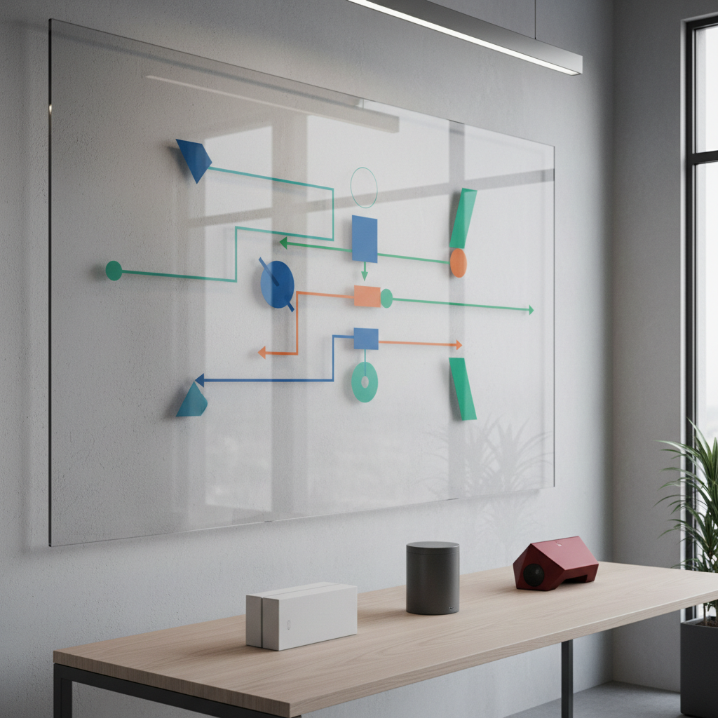 A clean, modern workspace featuring a large, frameless glass board mounted on a light grey wall, covered with abstract geometric shapes and arrows that imply a brand growth roadmap without readable text. Below, a pale oak table holds three minimalist, unbranded product mockups in white, charcoal, and deep red, symbolizing evolving brand tiers. Cool, diffused studio lighting from above and the right creates crisp reflections on the glass and subtle gradients on the product surfaces. Photographic realism, captured at eye level with a slight angle for depth, background softly blurred. The atmosphere is strategic, forward-looking, and organized, echoing Chinese business strategy and systematic品牌建设思维.